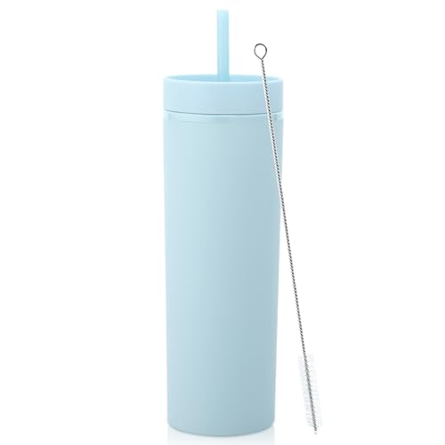 Volhoply 20oz Plastic Skinny TumblerDouble Wall Tumblers with Lid and StrawReusable Travel Iced Coffee MugBPA Free Matte Acrylic Water Cups With Straw for PartiesDIY GiftsBlue 1 Set - Image 1