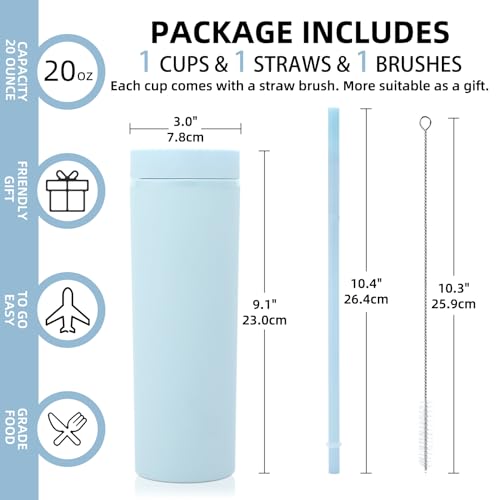 Volhoply 20oz Plastic Skinny TumblerDouble Wall Tumblers with Lid and StrawReusable Travel Iced Coffee MugBPA Free Matte Acrylic Water Cups With Straw for PartiesDIY GiftsBlue 1 Set - Image 3