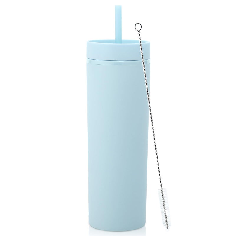 Volhoply 20oz Plastic Skinny TumblerDouble Wall Tumblers with Lid and StrawReusable Travel Iced Coffee MugBPA Free Matte Acrylic Water Cups With Straw for PartiesDIY GiftsBlue 1 Set - Image 2