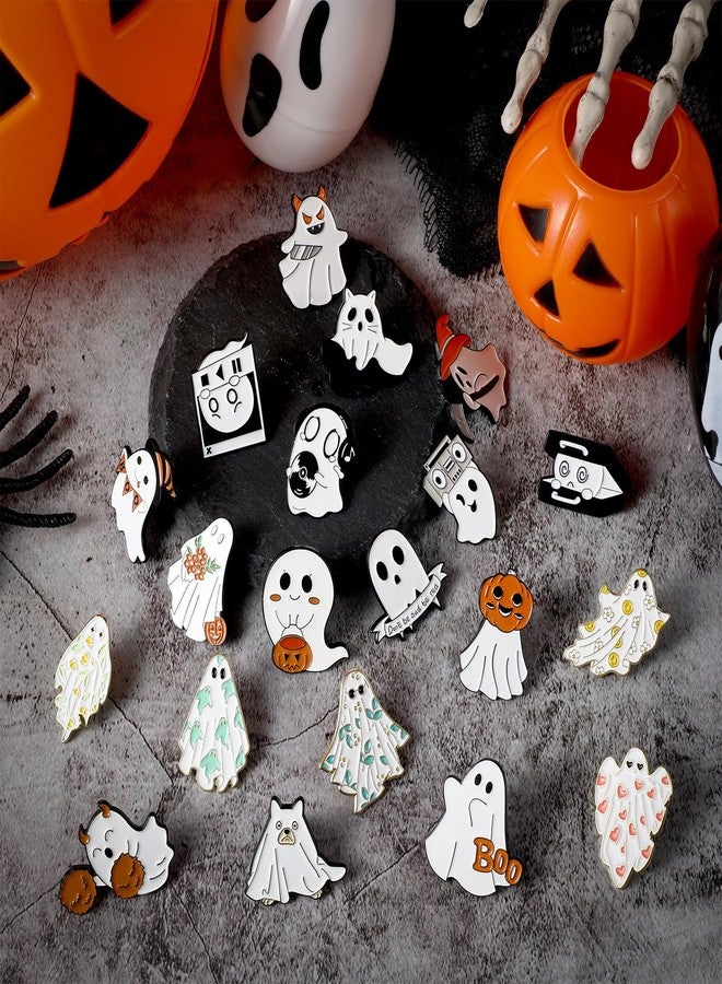 MTLEE 20 Pieces Halloween Enamel Pin Bulk Cute Ghost Lapel Pins Funny Ghost Brooches Badges Aesthetic Gift Cartoon Boo Pumpkin Enamel Pins Gift for Women Men Backpack Jacket Clothes Halloween Party - Image 4