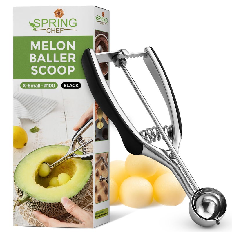 Spring Chef Extra Small Cookie Scoop, Stainless Steel Melon Baller, Baking Scooper, Spring Loaded Trigger for Cookie Dough, Ice Cream, Meatball, Cupcake - 0.6 tablespoon (tbsp) portion, #100, Black - Image 1
