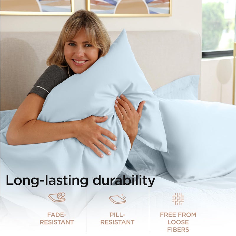 Threadmill طقم ملاءات من القطن المصري بالحجم الكامل من Threadmill | ملاءات من القطن المصري المعتمد بنسبة 100% للسرير بالحجم الكامل | طقم ملاءات سرير كاملة بجيب عميق مقاس 16 بوصة | طقم مفروشات تبريد من الساتين الناعم مكون من 4 قطع | أزرق فاتح - Image 4
