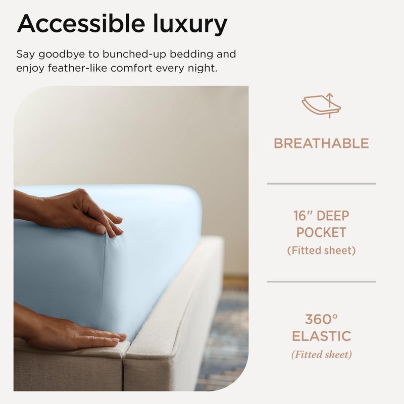 Threadmill طقم ملاءات من القطن المصري بالحجم الكامل من Threadmill | ملاءات من القطن المصري المعتمد بنسبة 100% للسرير بالحجم الكامل | طقم ملاءات سرير كاملة بجيب عميق مقاس 16 بوصة | طقم مفروشات تبريد من الساتين الناعم مكون من 4 قطع | أزرق فاتح - Image 5