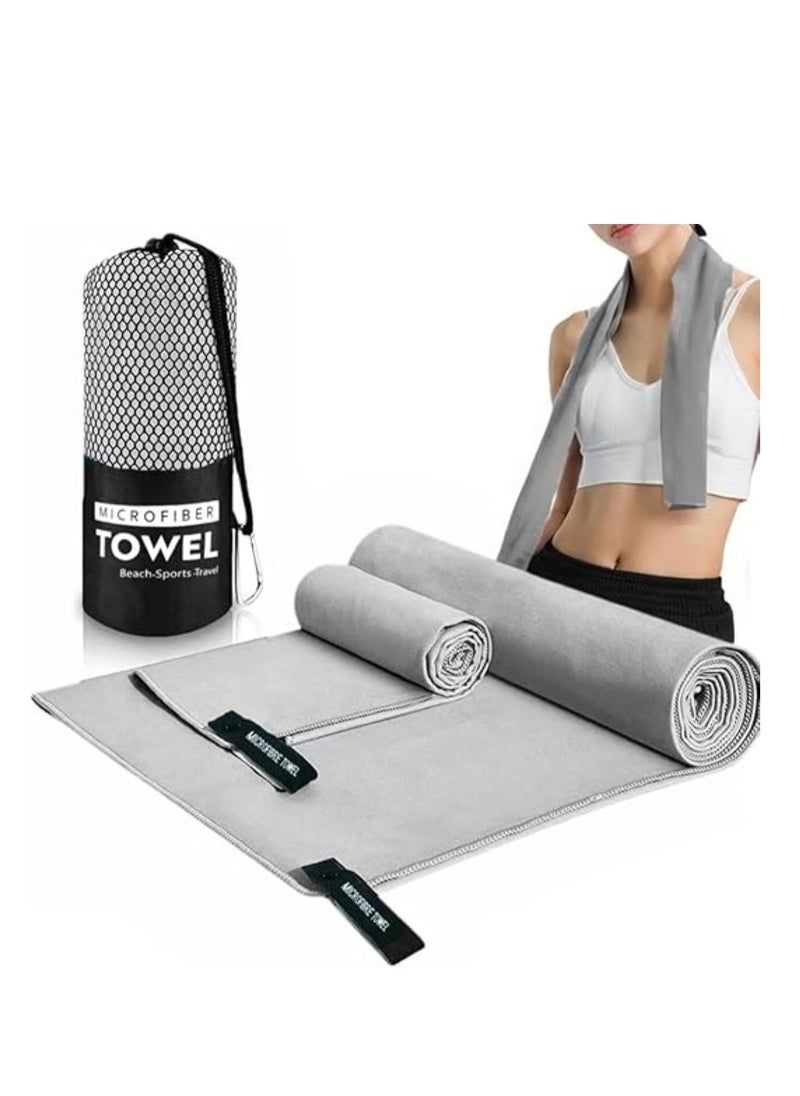 SKY-TOUCH Compact Microfiber Camping Towel Set - Quick Dry, Super Absorbent Beach, Gym, Yoga & Travel Towels with Carry Bag (76x152CM & 40x80CM, Grey)  - Image 1