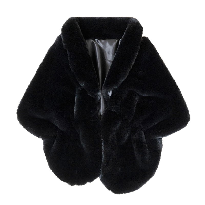 Fashowlife Faux Fur Shawls and Wraps For Women Stole Bridal Bridesmaids Warm Womens Cloak Cape Coat For Wedding Party (Black Shawl) - Image 1