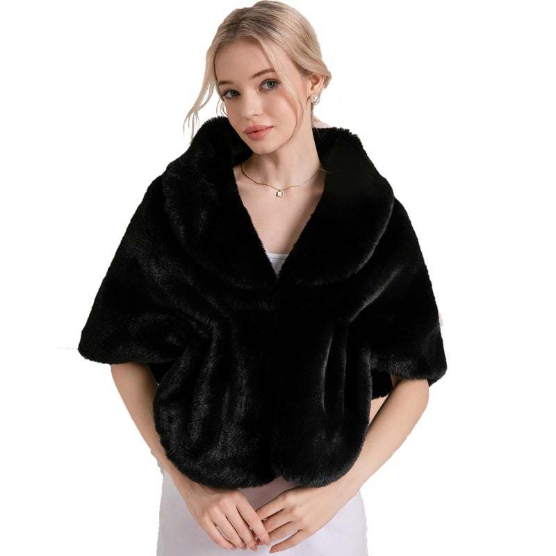 Fashowlife Faux Fur Shawls and Wraps For Women Stole Bridal Bridesmaids Warm Womens Cloak Cape Coat For Wedding Party (Black Shawl) - Image 2