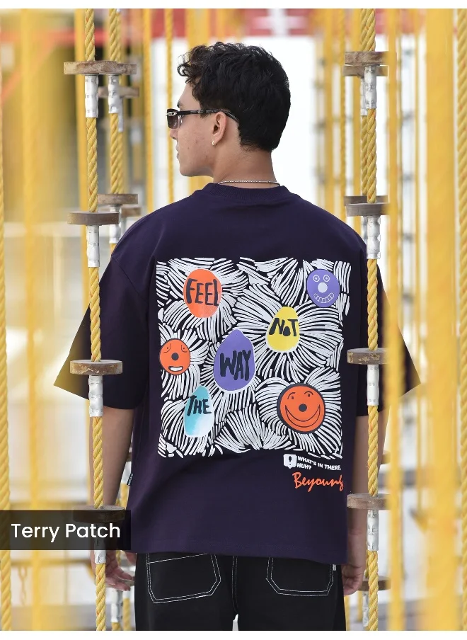 Beyoung Dark Violet Blooming Puff Printed Oversized T-Shirt