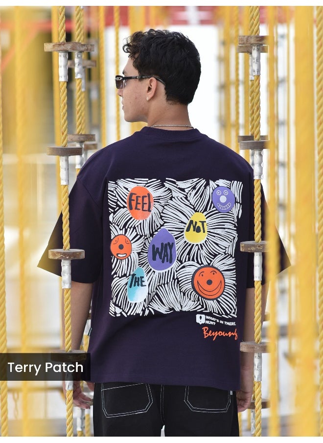 Beyoung Dark Violet Blooming Puff Printed Oversized T-Shirt  - Image 1