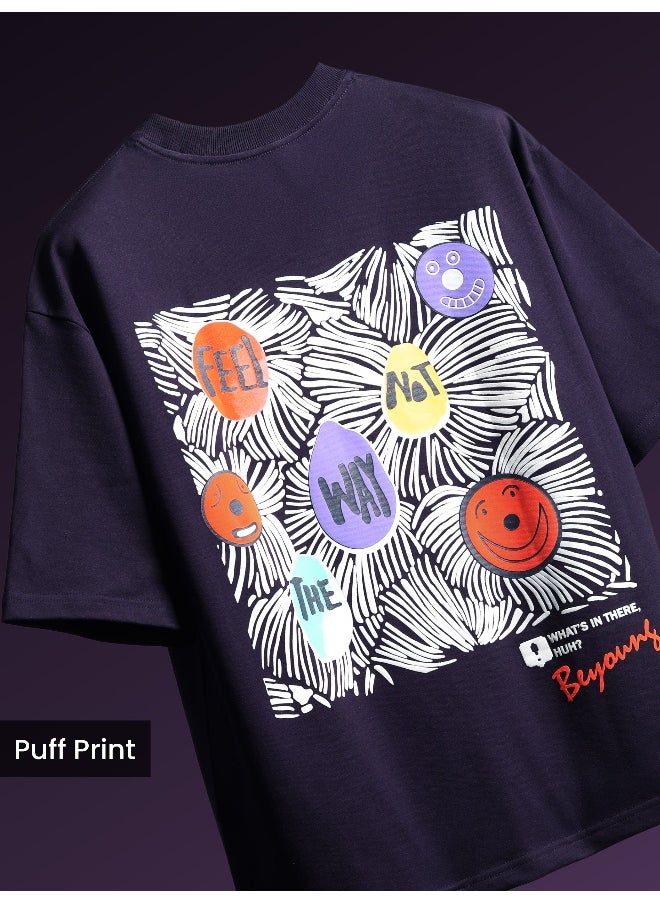 Beyoung Dark Violet Blooming Puff Printed Oversized T-Shirt  - Image 5