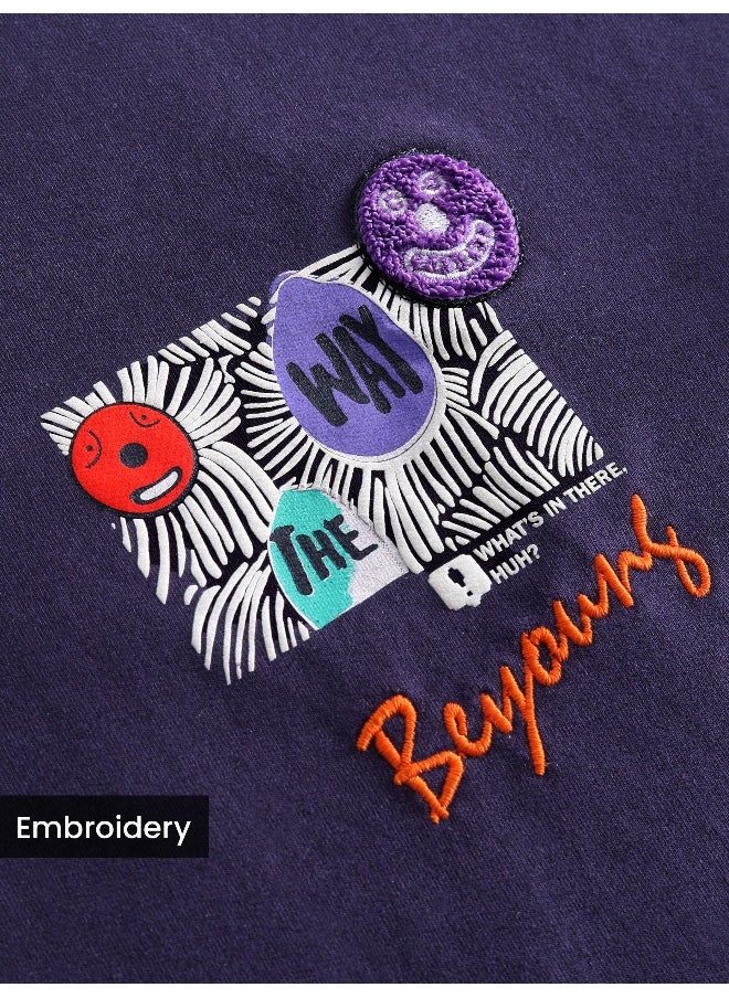Dark Violet Blooming Puff Printed Oversized T-Shirt