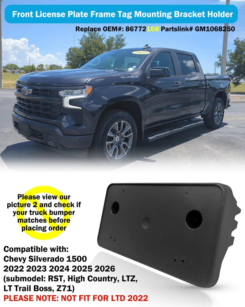 Wocch Front License Plate Frame for 2022 2023 2024 2025 2026 Chevy Silverado 1500 Front Bumper License Plate Holder Mounting Bracket Cover Replace# 86772168 Partslink# GM1068250 - Image 3