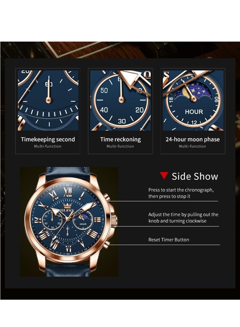 OLEVS Men's Leather Strap Analog Quartz Watch Fashion Large Dial Date Waterproof Formal Luxury Luminous Watch 3632 - Image 4