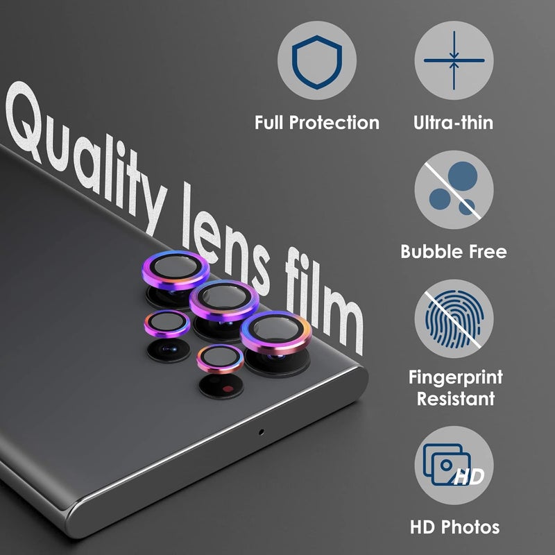 Simpeak 2 Pack Individual Camera Lens Protector Compatible with Samsung Galaxy S22 Ultra 5G 2022 9H Tempered Glass Camera Cover Metal Ring for S22 Ultra Installation Tray BlackColorful - Image 3