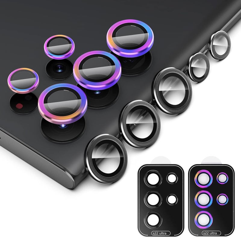 Simpeak 2 Pack Individual Camera Lens Protector Compatible with Samsung Galaxy S22 Ultra 5G 2022 9H Tempered Glass Camera Cover Metal Ring for S22 Ultra Installation Tray BlackColorful - Image 1