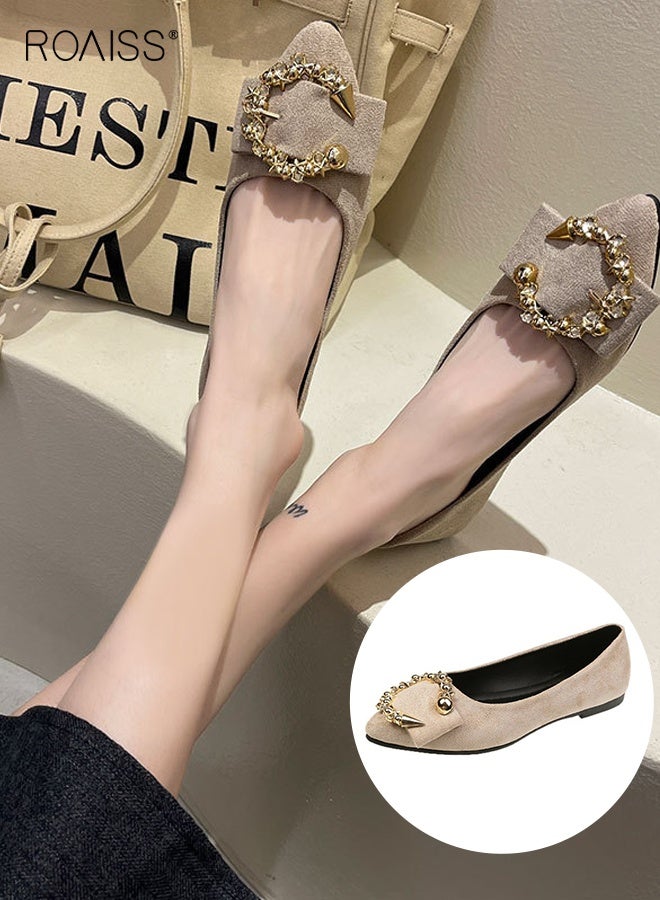 roaiss Women's Flat Sole Single Shoes with Shallow Mouth Metal Decorative Pointed Toe Foot Beanie Design Comfortable Everyday Slip Ons for Casual Wear and Office Outfits Lightweight Commuting Shoes Beige - Image 1