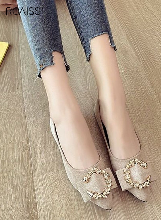 roaiss Women's Flat Sole Single Shoes with Shallow Mouth Metal Decorative Pointed Toe Foot Beanie Design Comfortable Everyday Slip Ons for Casual Wear and Office Outfits Lightweight Commuting Shoes Beige - Image 5