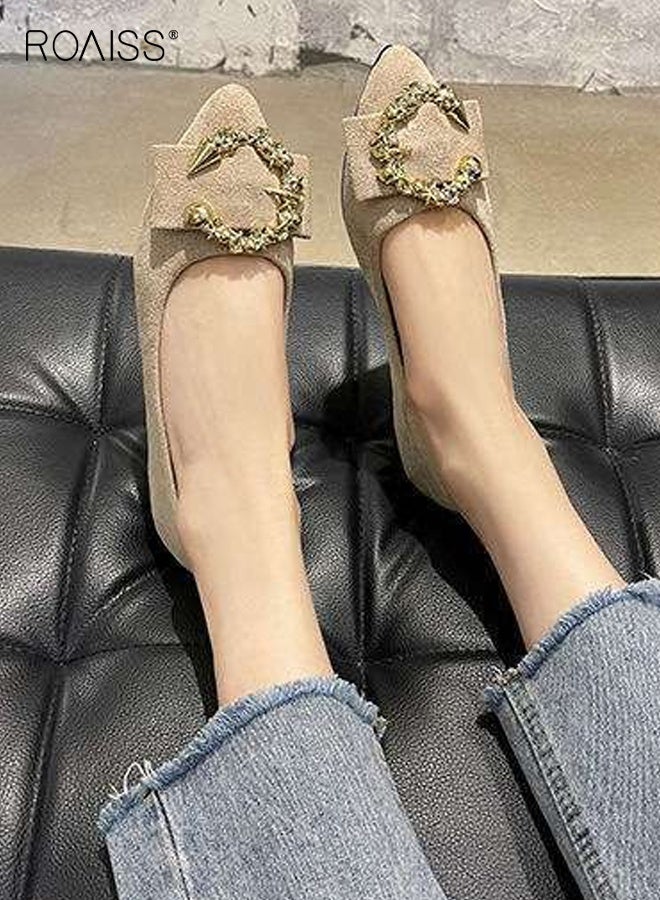roaiss Women's Flat Sole Single Shoes with Shallow Mouth Metal Decorative Pointed Toe Foot Beanie Design Comfortable Everyday Slip Ons for Casual Wear and Office Outfits Lightweight Commuting Shoes Beige - Image 2