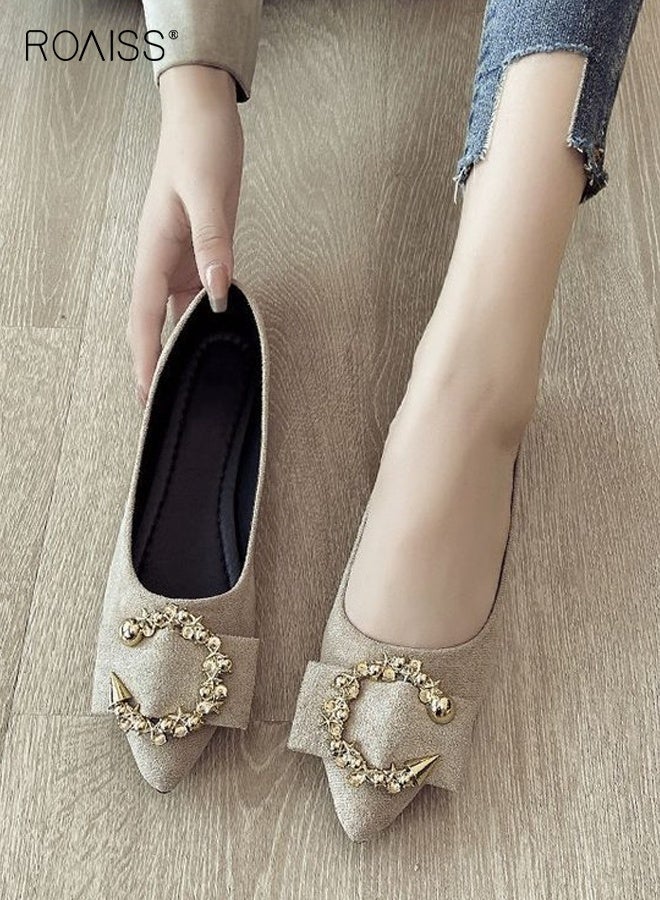 roaiss Women's Flat Sole Single Shoes with Shallow Mouth Metal Decorative Pointed Toe Foot Beanie Design Comfortable Everyday Slip Ons for Casual Wear and Office Outfits Lightweight Commuting Shoes Beige - Image 4