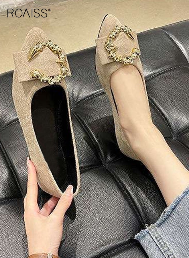 roaiss Women's Flat Sole Single Shoes with Shallow Mouth Metal Decorative Pointed Toe Foot Beanie Design Comfortable Everyday Slip Ons for Casual Wear and Office Outfits Lightweight Commuting Shoes Beige - Image 3