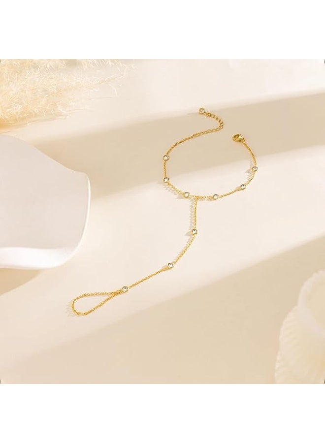 يوكانبي سوار يد نسائي أنيق بسلسلة وخاتم مدمج – تصميم هندسي بسيط بكريستالات تقليد الزركون - Image 2