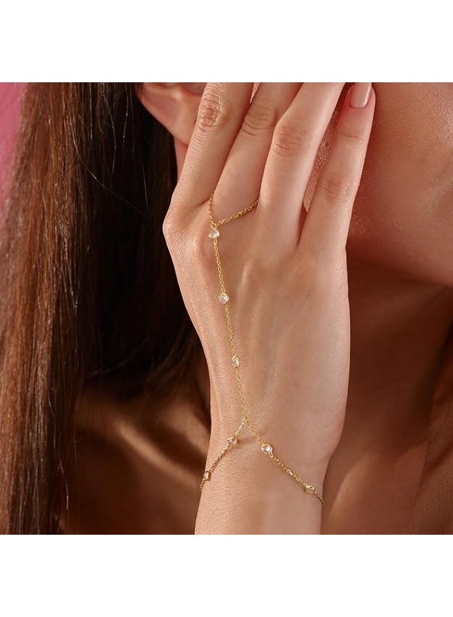 يوكانبي سوار يد نسائي أنيق بسلسلة وخاتم مدمج – تصميم هندسي بسيط بكريستالات تقليد الزركون - Image 1