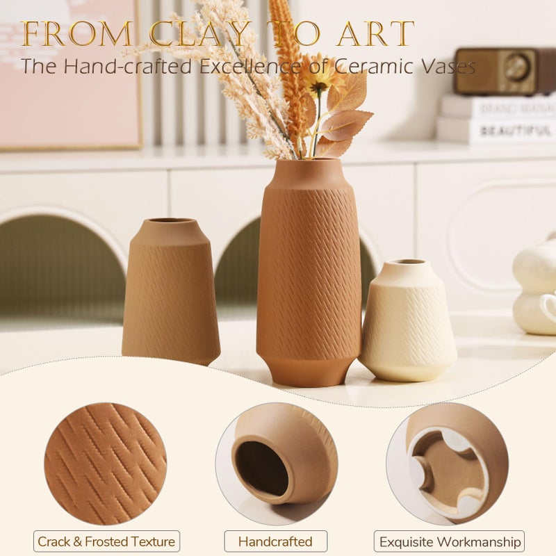 Joeabor Ceramic Vase Set of 3 - Handcrafted Ceramic Vases for Home Decor & Shelf - Modern Farmhouse Decor for Kitchen, Office, Bedroom & Living Room Decorative Objects for Mantel, Table Centerpieces - Image 4