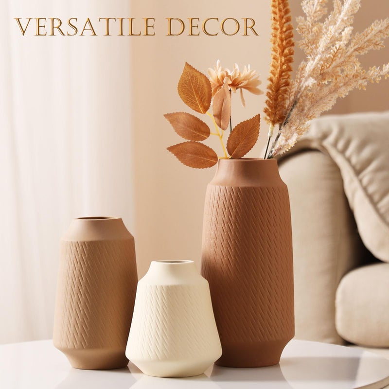 Joeabor Ceramic Vase Set of 3 - Handcrafted Ceramic Vases for Home Decor & Shelf - Modern Farmhouse Decor for Kitchen, Office, Bedroom & Living Room Decorative Objects for Mantel, Table Centerpieces - Image 2