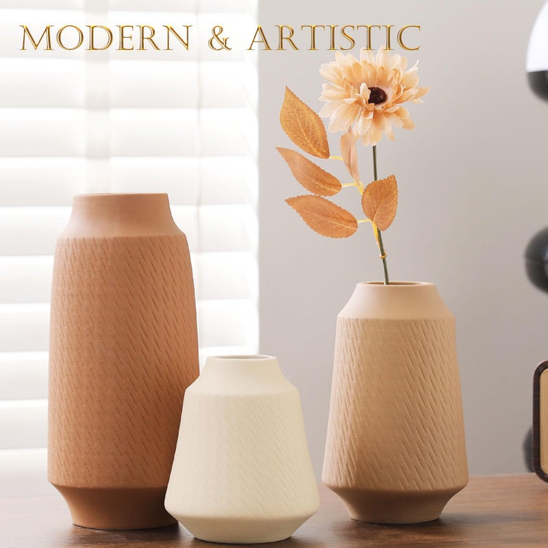 Joeabor Ceramic Vase Set of 3 - Handcrafted Ceramic Vases for Home Decor & Shelf - Modern Farmhouse Decor for Kitchen, Office, Bedroom & Living Room Decorative Objects for Mantel, Table Centerpieces - Image 5