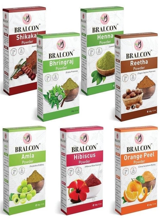 BRALCON Organic Amla Powder, Reetha Powder, Shikakai Powder, Bhringraj Powder, Hibiscus Powder, Henna Powder, Orange Peel Powder Combo-700g(100g x 7 Pack)| For Skin Whitening, Face Pack & Hair Growth - Image 1