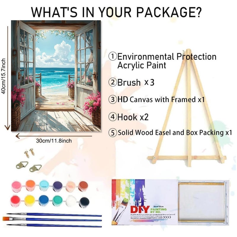 MIRCVSH DIY Scenery Paint by Numbers Kit for Adults with Framed Canvas,Landscape Beach Digital Oil Painting Kit for Beginners,Acrylic Paint by Number Kits with Wooden Easel for Holiday Gifts 12X16 Inch. - Image 2