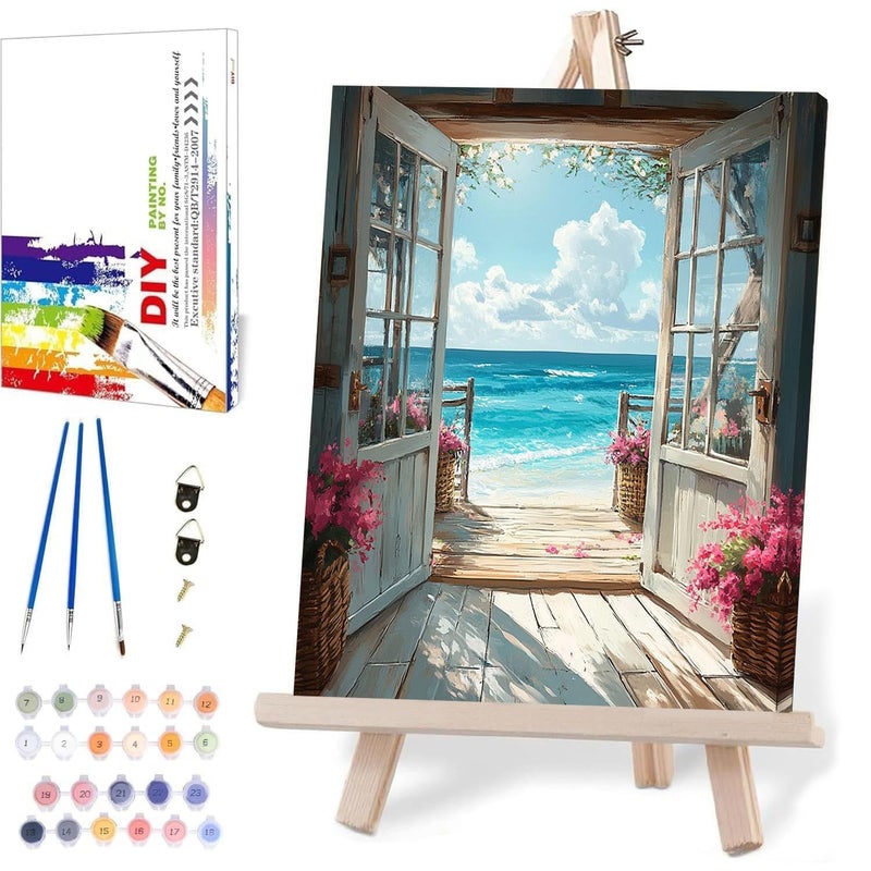 MIRCVSH DIY Scenery Paint by Numbers Kit for Adults with Framed Canvas,Landscape Beach Digital Oil Painting Kit for Beginners,Acrylic Paint by Number Kits with Wooden Easel for Holiday Gifts 12X16 Inch. - Image 1
