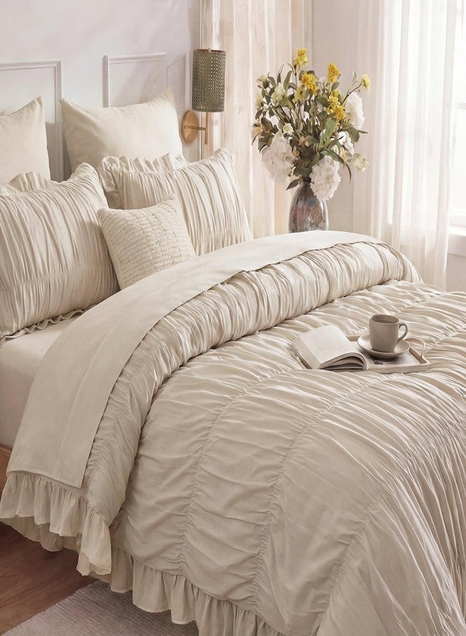 Herside Beige Ruffle Duvet Cover Set Queen Size,Ruched Boho Bedding 3 Pieces Shabby Chic Luxury Wrinkle Ruffle Comforter Cover Set,Breathable and Soft Microfiber Quilt Cover Set for All Seasons - Image 4