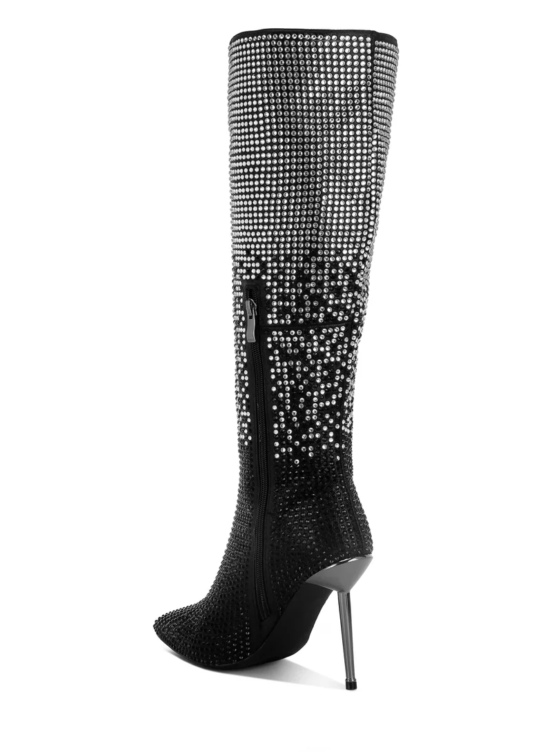 London Rag Shiny Rhinestone Studded Calf Boots in Black