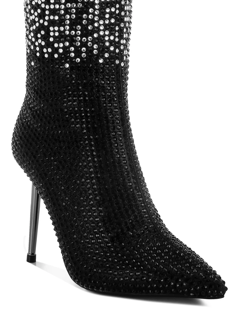 London Rag Shiny Rhinestone Studded Calf Boots in Black
