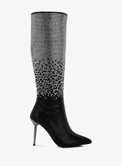 London Rag Shiny Rhinestone Studded Calf Boots in Black