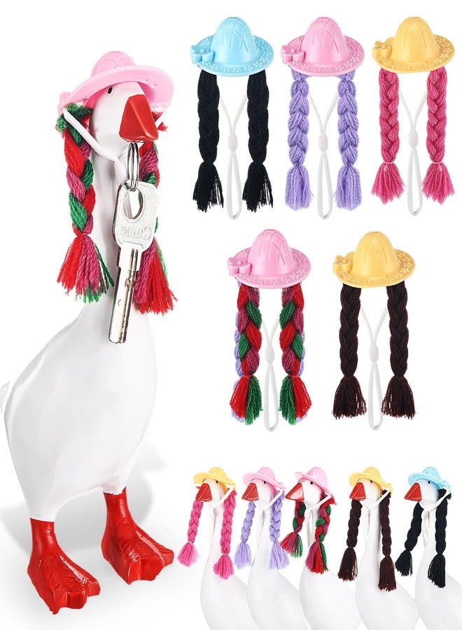SilTriangle 5 Pcs 7 Inch Mini Desk Goose Outfits Mini Hats with Braid Wig with Adjustable Strap Christmas Desk Goose Decor Geese Hat Accessory Headwear for Statue Key Holder - Image 1