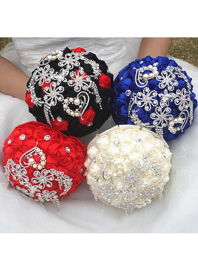 TUAGYMKR Handmade Rhinestone Brooch Satin Bridal Bouquet,Crystal Wedding Round Tossing Bouquet Mini,Artificial Flower Bunch with Diamond Pearl Ribbon 5.9"(85#Light Blue) - Image 5