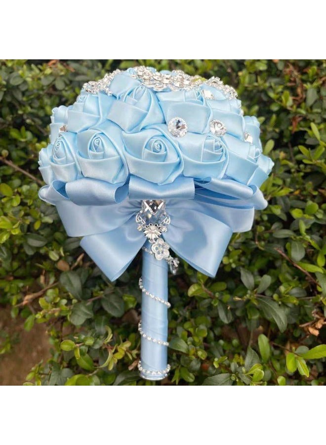 TUAGYMKR Handmade Rhinestone Brooch Satin Bridal Bouquet,Crystal Wedding Round Tossing Bouquet Mini,Artificial Flower Bunch with Diamond Pearl Ribbon 5.9"(85#Light Blue) - Image 4