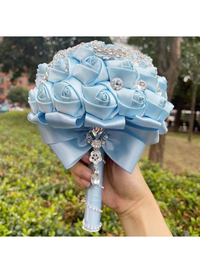 TUAGYMKR Handmade Rhinestone Brooch Satin Bridal Bouquet,Crystal Wedding Round Tossing Bouquet Mini,Artificial Flower Bunch with Diamond Pearl Ribbon 5.9"(85#Light Blue) - Image 2