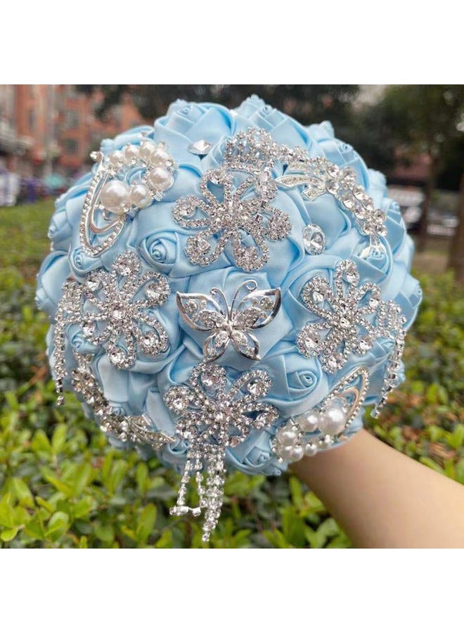 TUAGYMKR Handmade Rhinestone Brooch Satin Bridal Bouquet,Crystal Wedding Round Tossing Bouquet Mini,Artificial Flower Bunch with Diamond Pearl Ribbon 5.9"(85#Light Blue) - Image 3