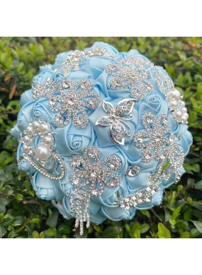 TUAGYMKR Handmade Rhinestone Brooch Satin Bridal Bouquet,Crystal Wedding Round Tossing Bouquet Mini,Artificial Flower Bunch with Diamond Pearl Ribbon 5.9"(85#Light Blue) - Image 1