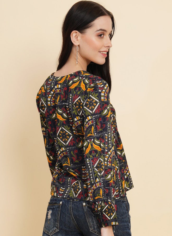 RAASSIO بلوزة نسائية مطبوعة بنقوش عرقية من الكريب - Image 5