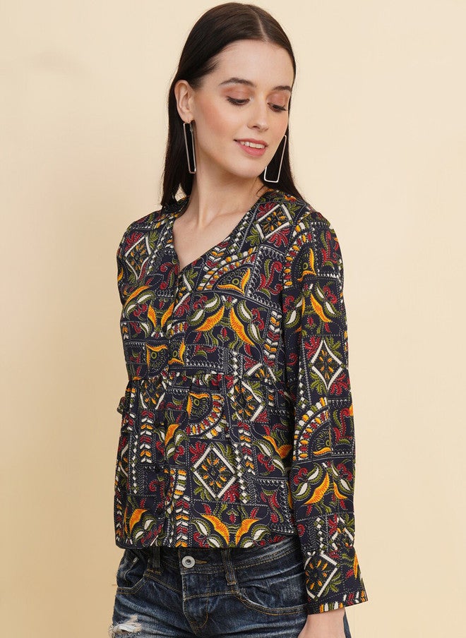 RAASSIO بلوزة نسائية مطبوعة بنقوش عرقية من الكريب - Image 4