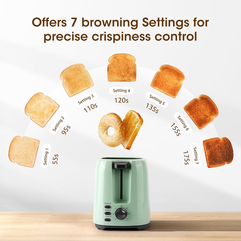 ISILER 2 Slice Toaster, 3.3 cm Wide Slot Toaster for Bread And Bagel, 7 Shade Settings & Double Side Baking, Defrost Cancel Function, 750 Watts (Green) - Image 5