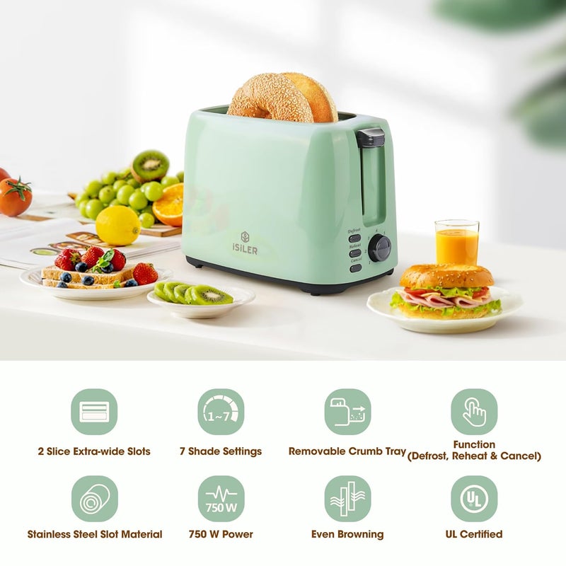 ISILER 2 Slice Toaster, 3.3 cm Wide Slot Toaster for Bread And Bagel, 7 Shade Settings & Double Side Baking, Defrost Cancel Function, 750 Watts (Green) - Image 2
