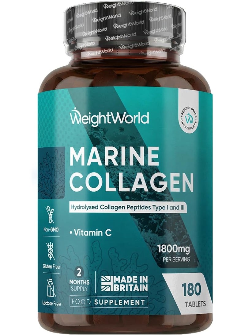 WeightWorld أقراص الكولاجين البحري المعالج 1800 ملغ - إمداد لمدة شهرين - ببتيدات من النوع الأول والثالث - مع فيتامين C - 180 قرص - مكملات كولاجين خالية من الغلوتين واللاكتوز للنساء والرجال - مصنوعة في المملكة المتحدة - Image 1