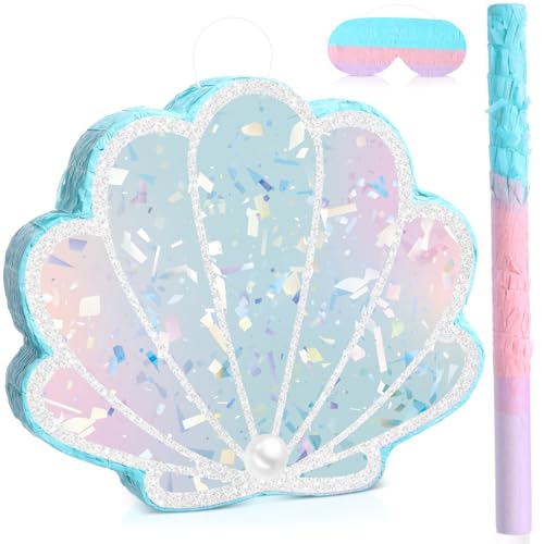 Faccito Mermaid Tail Piata Ocean Supplies Pull String Seashell Fish Piata with Blindfold and Bat for Girls Under The Sea Theme Birthday Party Carnival Activity DecorationsSeashell - Image 1