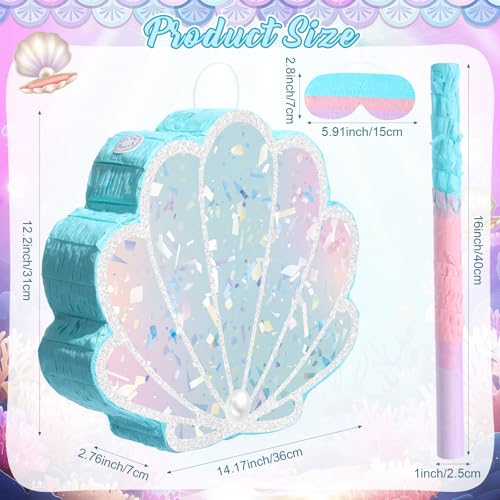 Faccito Mermaid Tail Piata Ocean Supplies Pull String Seashell Fish Piata with Blindfold and Bat for Girls Under The Sea Theme Birthday Party Carnival Activity DecorationsSeashell - Image 5