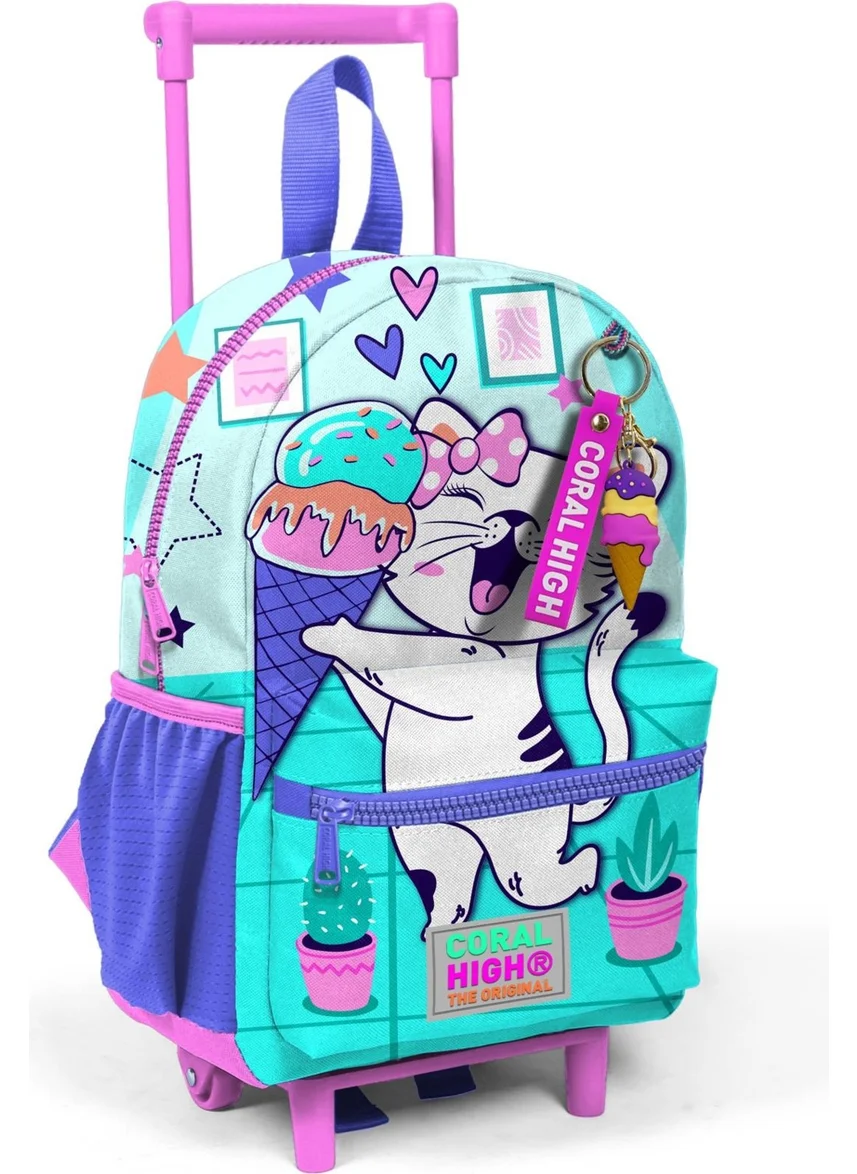 CORAL HIGH Mini Nest Squeegee Backpack Turquoise Pink Ice Cream Cat Pattern Two Compartments 24051