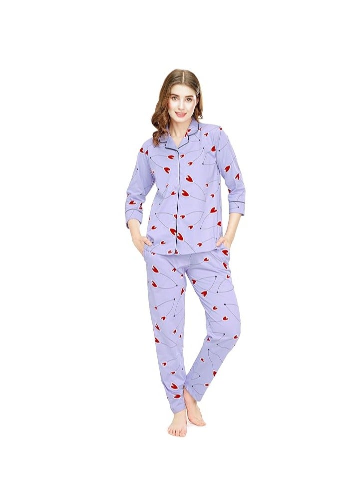 Accessorize Kingdom Night Suit for Women's Heart Printed Cotton Night Dress of Shirt and Pajama Set  - Image 1